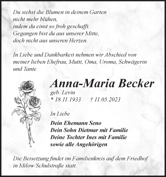 Traueranzeige von Anna-Maria Becker von Märkische Oderzeitung