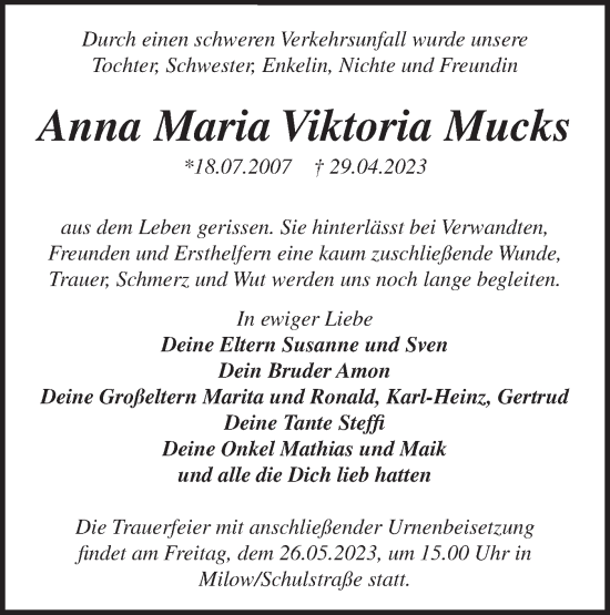 Traueranzeige von Anna Maria Viktoria  Mucks von Märkische Oderzeitung