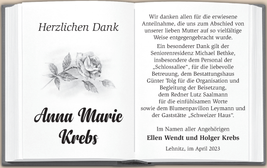 Traueranzeige von Anna Marie Krebs von Märkische Oderzeitung