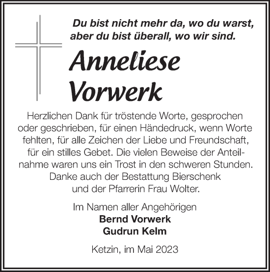 Traueranzeige von Anneliese Vorwerk von Märkische Oderzeitung