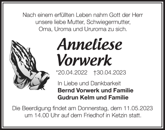 Traueranzeige von Anneliese Vorwerk von Märkische Oderzeitung