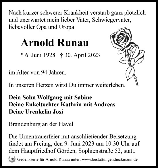 Traueranzeige von Arnold Runau von Märkische Oderzeitung