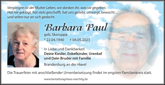 Traueranzeige von Barbara Paul von Märkische Oderzeitung