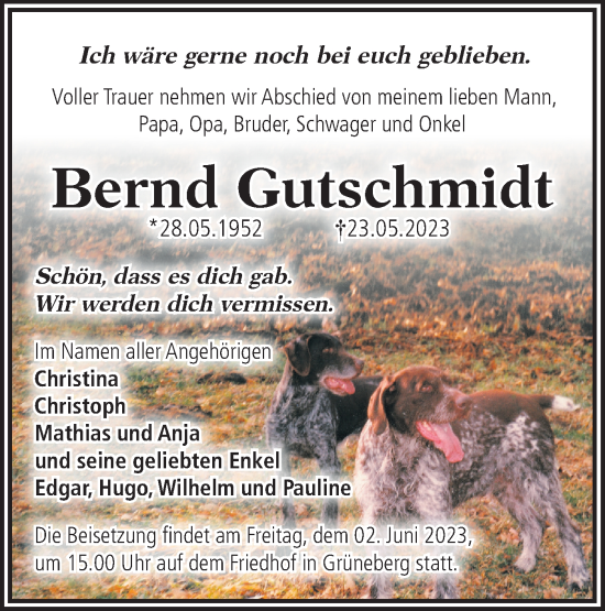 Traueranzeige von Bernd Gutschmidt von Märkische Oderzeitung