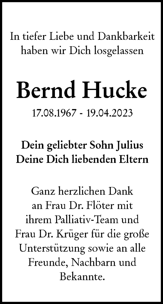  Traueranzeige für Bernd Hucke vom 13.05.2023 aus Märkische Oderzeitung