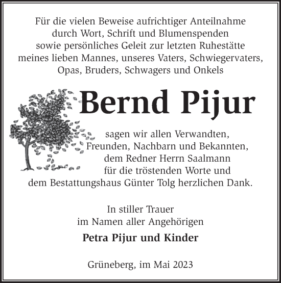 Traueranzeige von Bernd Pijur von Märkische Oderzeitung