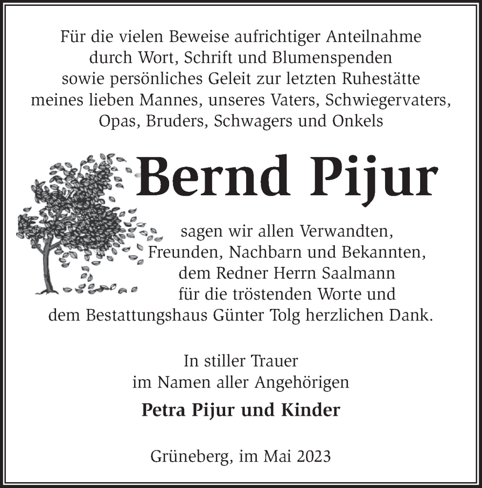  Traueranzeige für Bernd Pijur vom 06.05.2023 aus Märkische Oderzeitung
