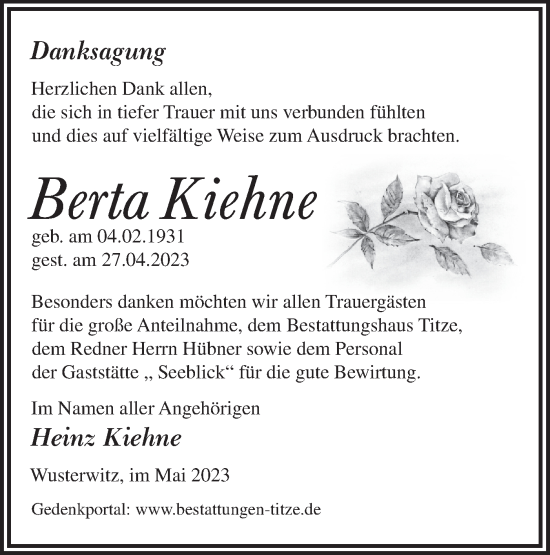 Traueranzeige von Berta Kiehne von Märkische Oderzeitung