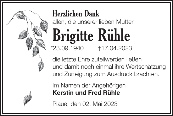 Traueranzeige von Brigitte Rühle von Märkische Oderzeitung