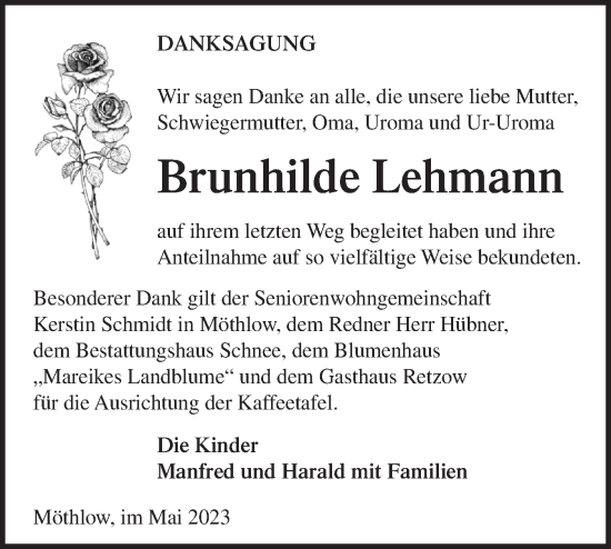 Traueranzeige von Brunhilde Lehmann von Märkische Oderzeitung