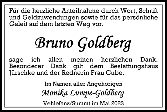 Traueranzeige von Bruno Goldberg von Märkische Oderzeitung