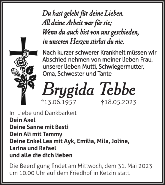 Traueranzeige von Brygida Tebbe von Märkische Oderzeitung