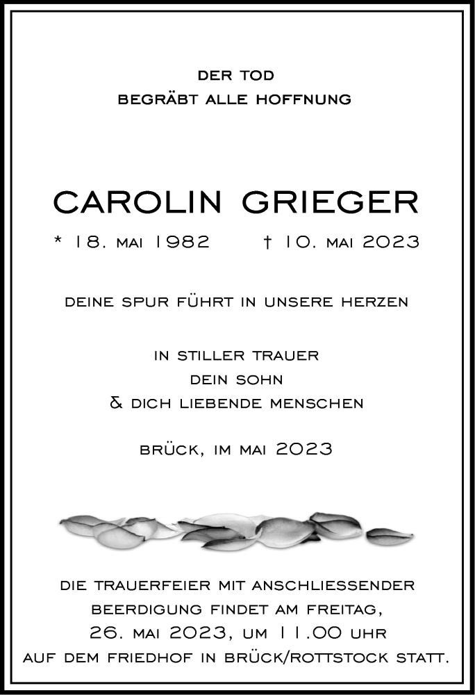  Traueranzeige für Carolin Grieger vom 24.05.2023 aus Märkische Oderzeitung