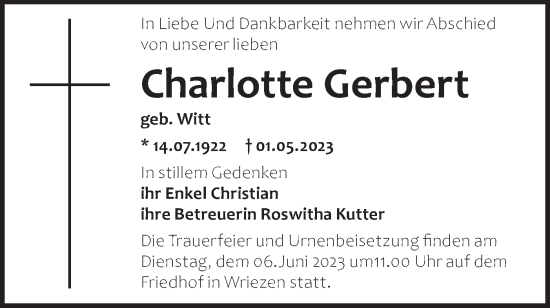 Traueranzeige von Charlotte Gerbert von Märkische Oderzeitung