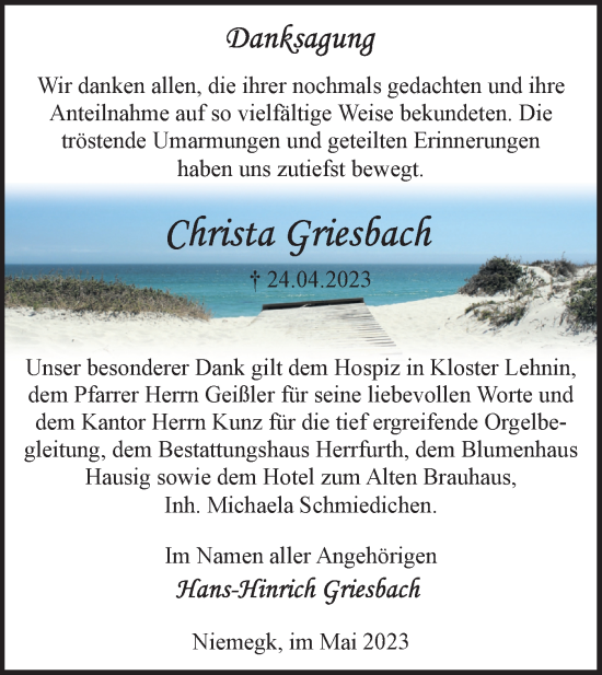 Traueranzeige von Christa Griesach von Märkische Oderzeitung