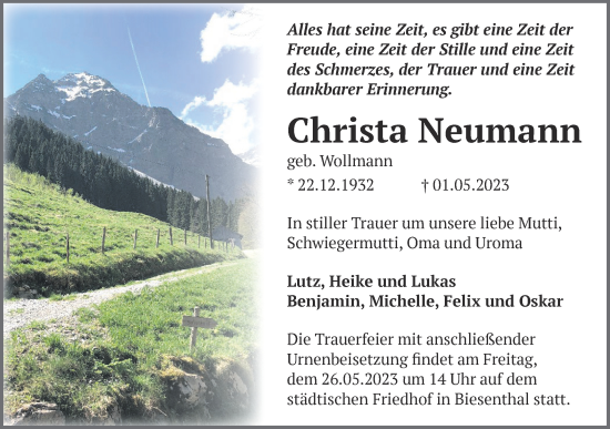 Traueranzeige von Christa Neumann von Märkische Oderzeitung