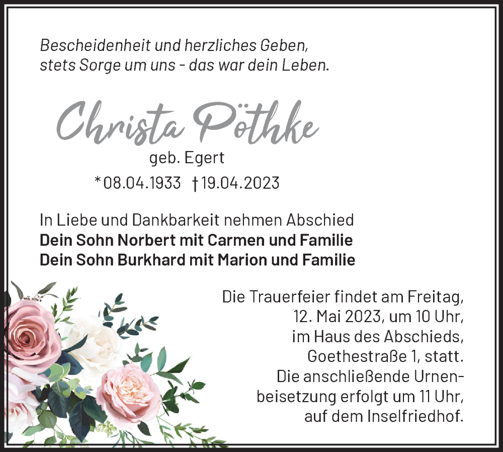 Traueranzeigen Von Christa Pöthke Märkische Onlinezeitung Trauerportal 