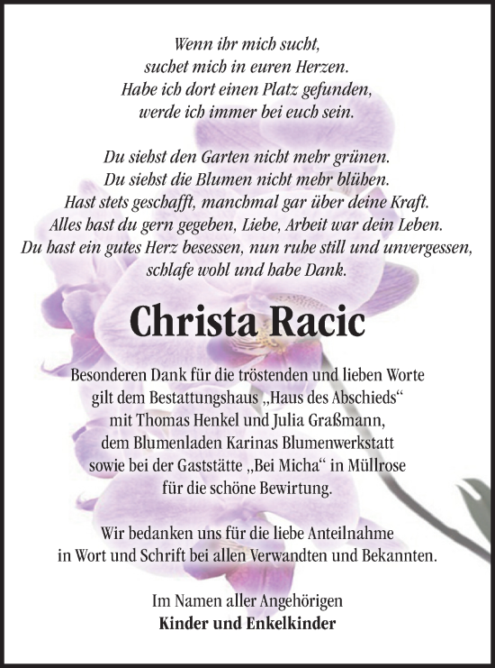 Traueranzeige von Christa Racic von Märkische Oderzeitung