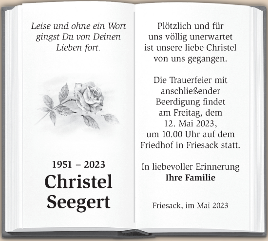 Traueranzeige von Christel Seegert von Märkische Oderzeitung