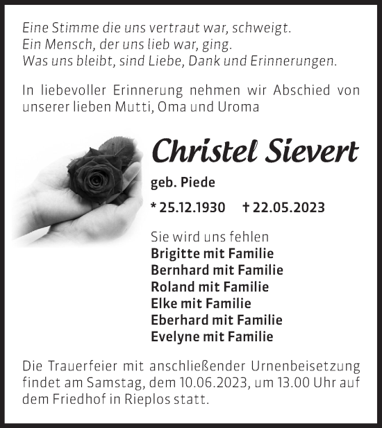 Anzeige Christel Sievert