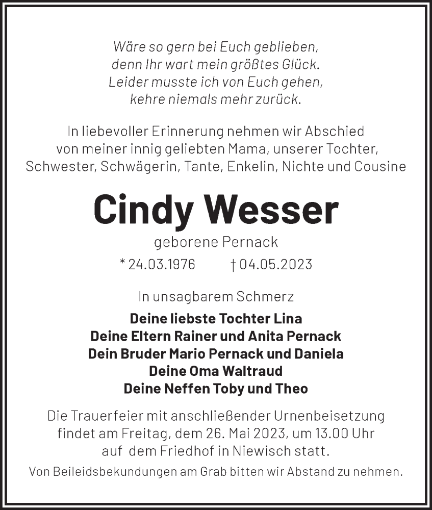  Traueranzeige für Cindy Wesser vom 13.05.2023 aus Märkische Oderzeitung