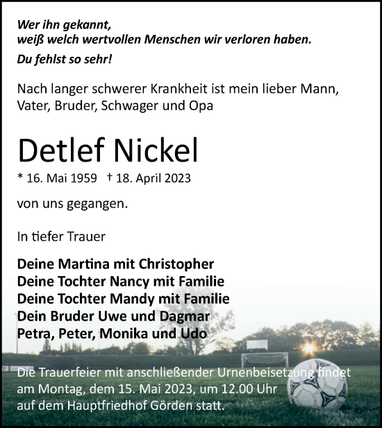 Traueranzeige von Detlef Nickel von Märkische Oderzeitung