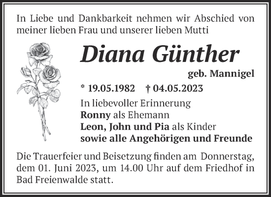 Traueranzeige von Diana Günther von Märkische Oderzeitung