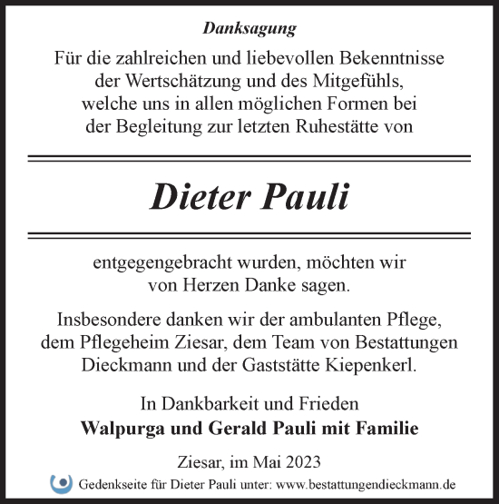 Traueranzeige von Dieter Pauli von Märkische Oderzeitung