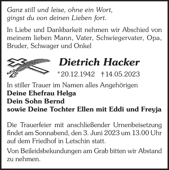 Traueranzeige von Dietrich Hacker von Märkische Oderzeitung