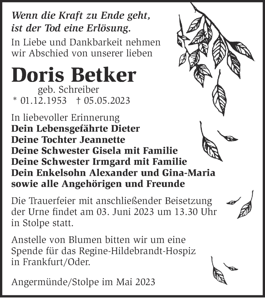  Traueranzeige für Doris Betker vom 13.05.2023 aus Märkische Oderzeitung