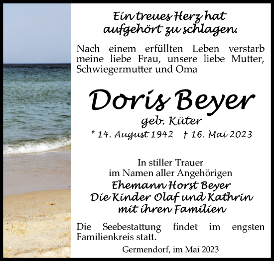 Traueranzeige von Doris Beyer von Märkische Oderzeitung