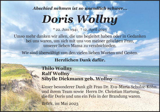 Traueranzeige von Doris Wollny von Märkische Oderzeitung