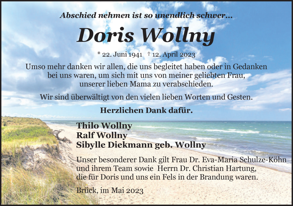  Traueranzeige für Doris Wollny vom 20.05.2023 aus Märkische Oderzeitung