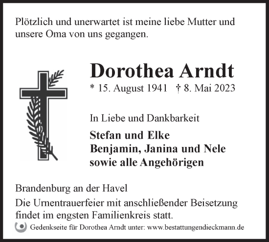 Traueranzeige von Dorothea Arndt von Märkische Oderzeitung