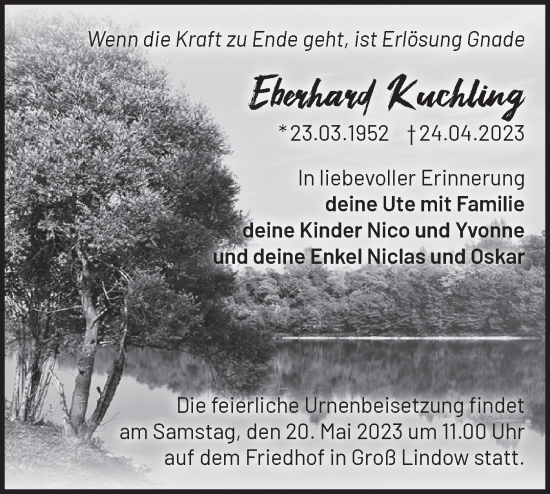 Traueranzeige von Eberhard Kuchling von Märkische Oderzeitung