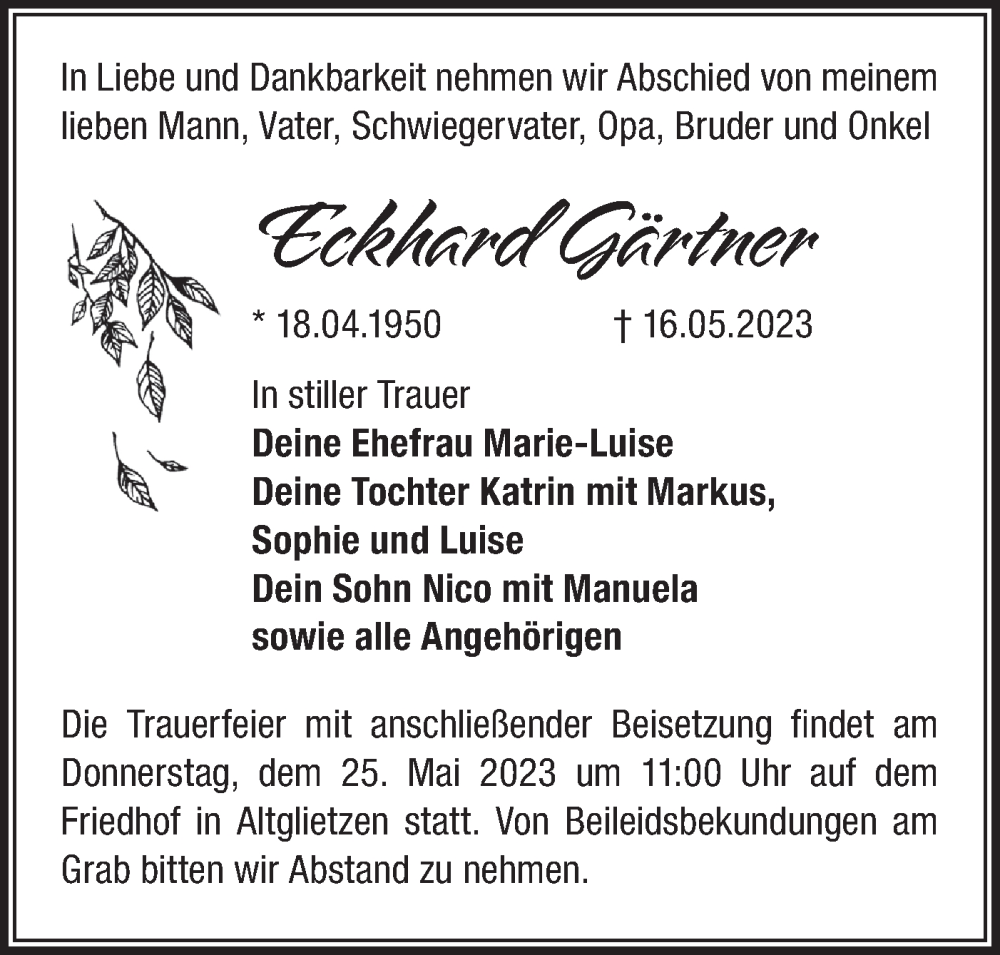  Traueranzeige für Eckhard Gärtner vom 20.05.2023 aus Märkische Oderzeitung