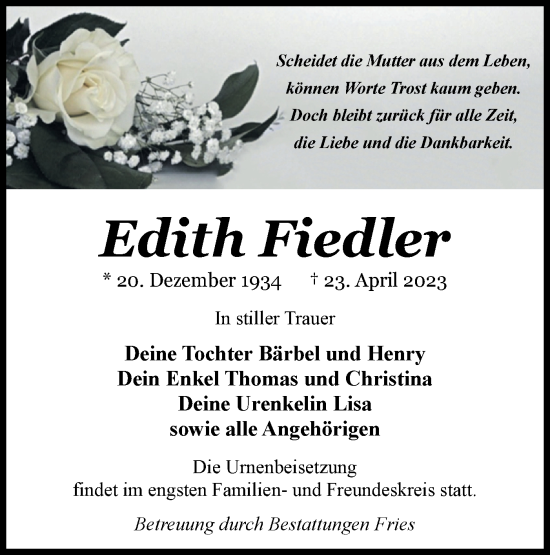 Traueranzeige von Edith Fiedler von Märkische Oderzeitung