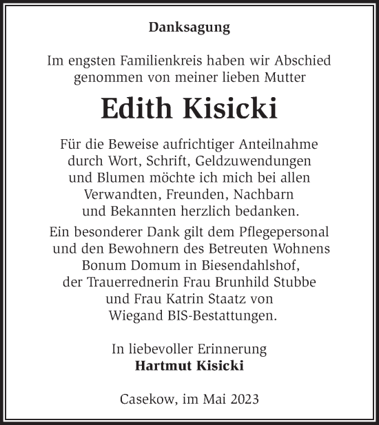 Traueranzeige von Edith Kisicki von Märkische Oderzeitung