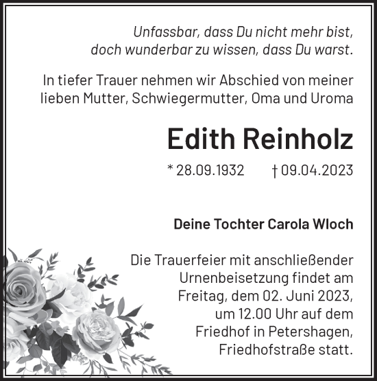 Traueranzeige von Edith Reinholz von Märkische Oderzeitung