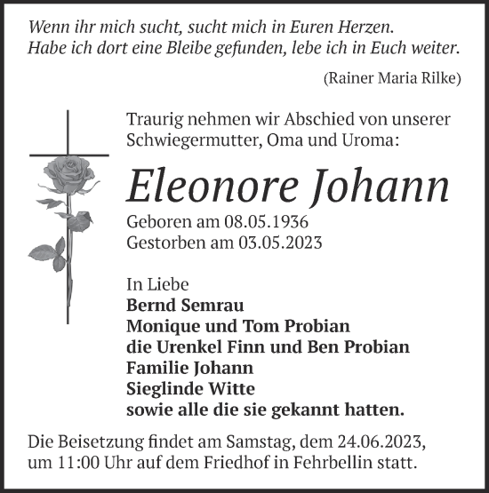 Traueranzeige von Eleonore Johann von Märkische Oderzeitung