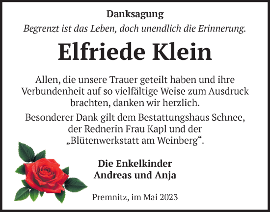 Traueranzeige von Elfriede Klein von Märkische Oderzeitung