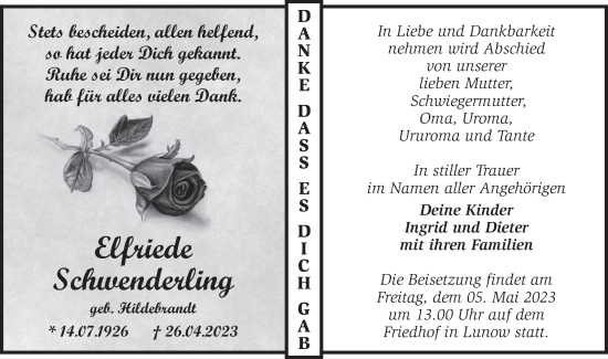 Traueranzeige von Elfriede Schwenderling von Märkische Oderzeitung