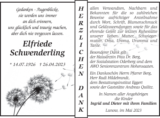 Traueranzeige von Elfriede Schwenderling von Märkische Oderzeitung