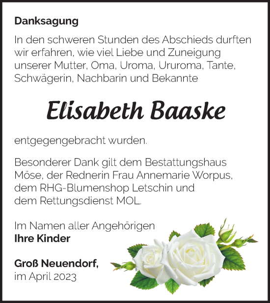 Traueranzeige von Elisabeth Baaske von Märkische Oderzeitung