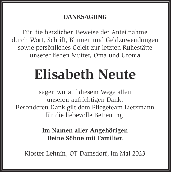 Traueranzeige von Elisabeth Neute von Märkische Oderzeitung