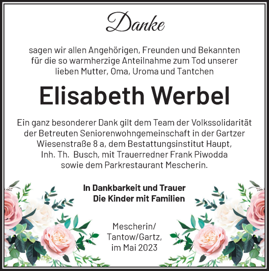 Traueranzeige von Elisabeth Werbel von Märkische Oderzeitung