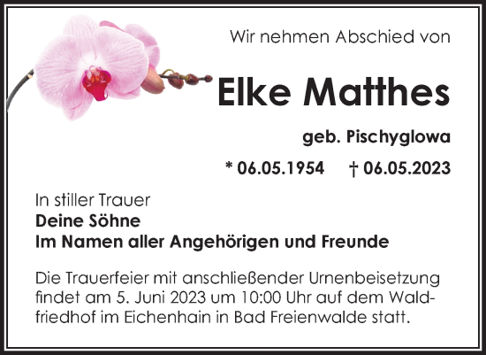 Traueranzeige von Elke Matthes von Märkische Oderzeitung