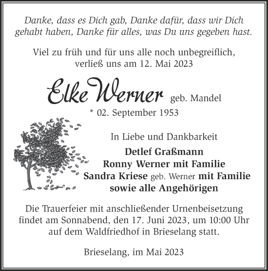 Traueranzeige von Elke Werner von Märkische Oderzeitung