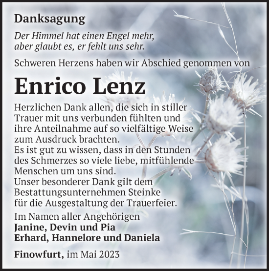 Traueranzeige von Enrico Lenz von Märkische Oderzeitung