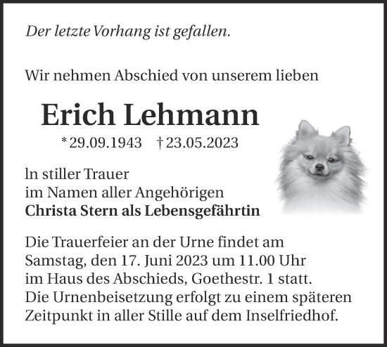 Anzeige Erich Lehmann